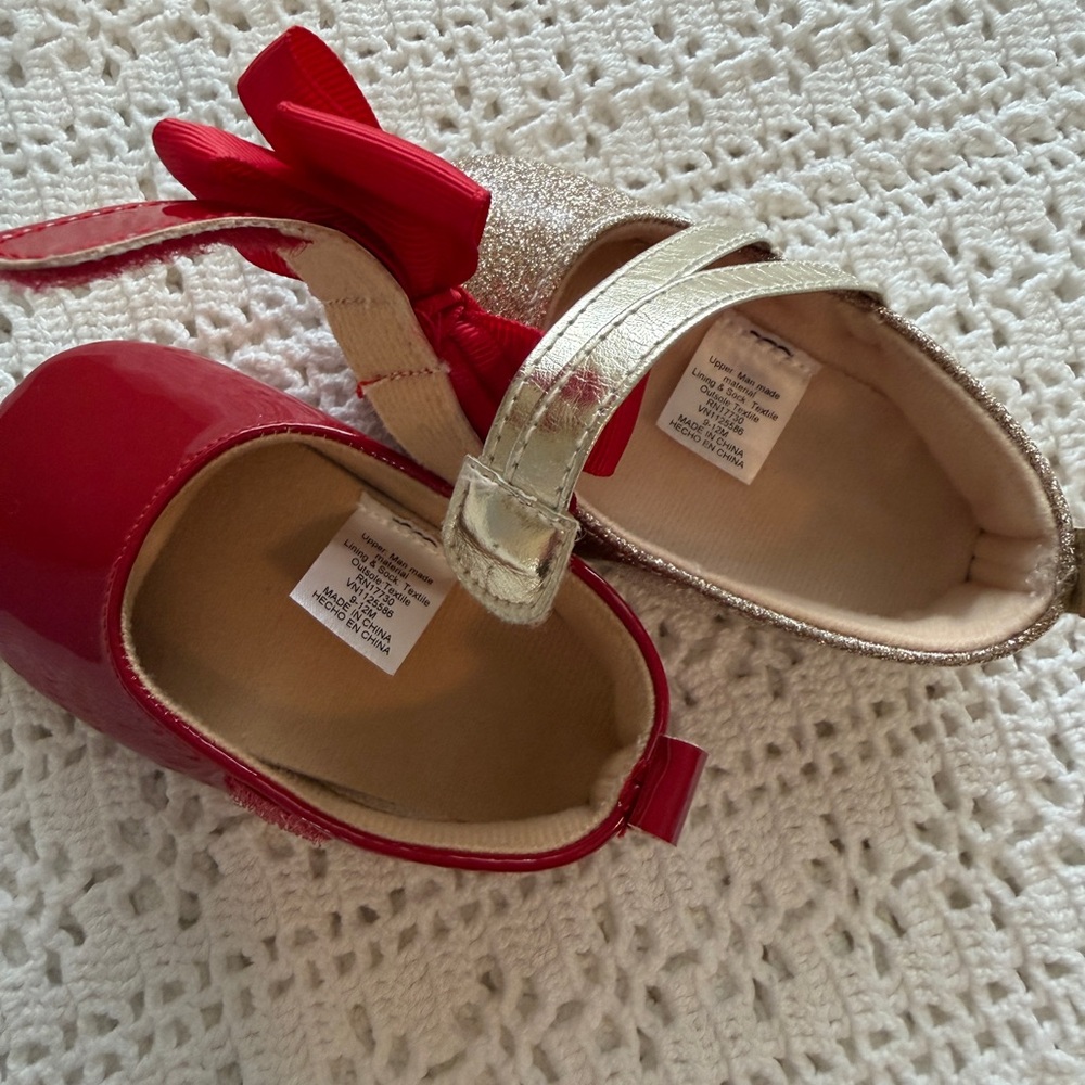 Baby Toddler Girl Red Patent Bow Mary Janes & Gold Glitter Mary Janes 9-12 Mo. - Picture 5 of 5